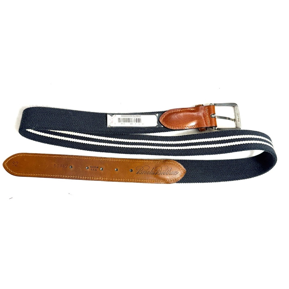 Vintage Brooks Brothers Golf Belt Size 32 Navy Striped Leather Trim Brass Buckle